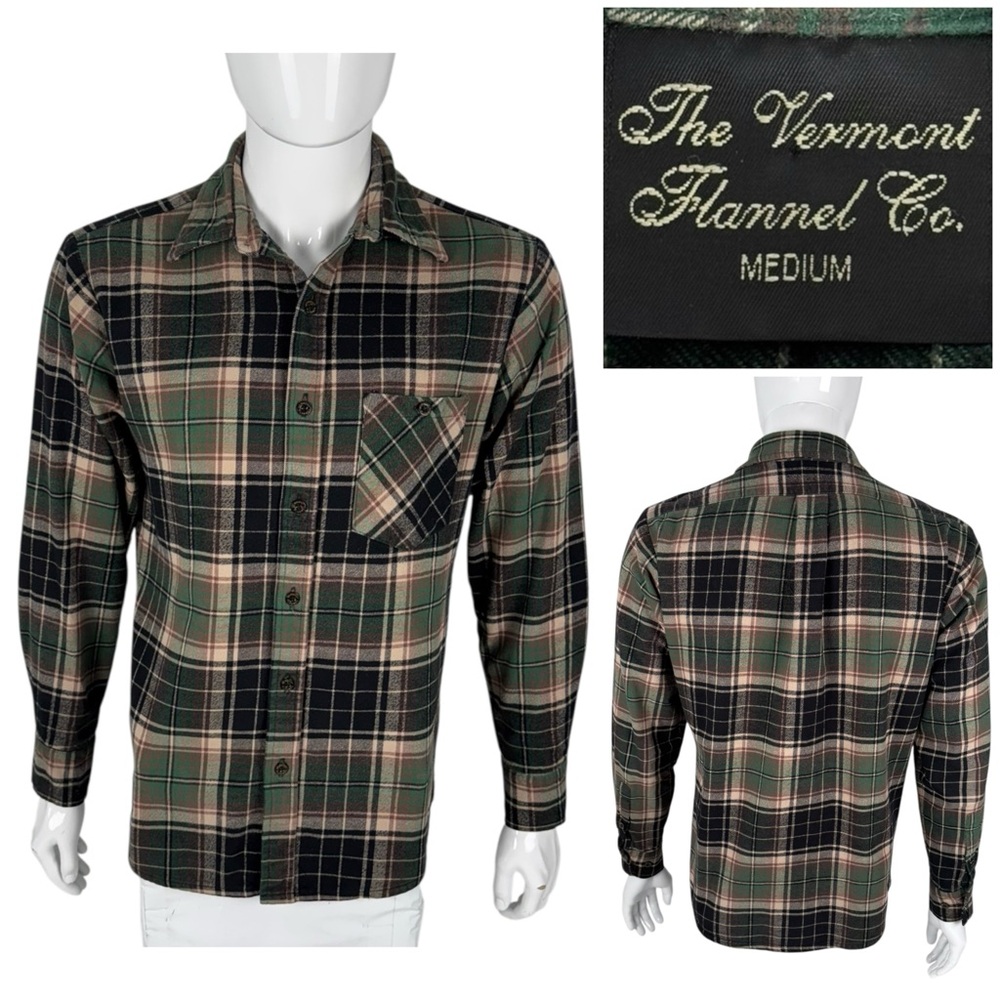 The Vermont Flannel Co Mens Medium Shirt Green Black Plaid Made In USA Cotton